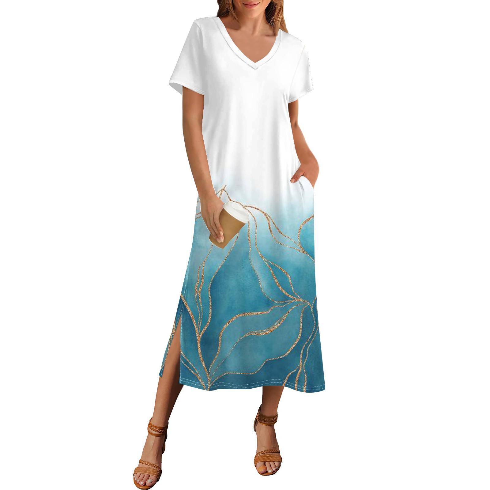 

Women s Summer Floral Print Dress Short Sleeve Beach Dress With Pocket Casual V-neck Hem Side Slit Dress S ціан