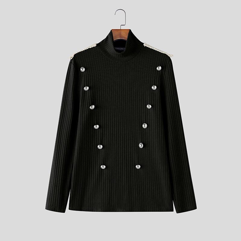 INCERUN Spring Men's High Neck Long Sleeve Buttons Decorative Fitted T-shirts Tops Undershirts