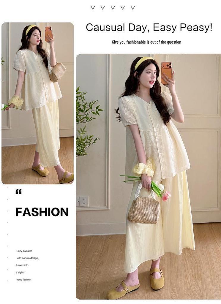 Trendy Maternity Summer Two-Piece Set: Chic and Loose Coco Style Shirt & Shorts