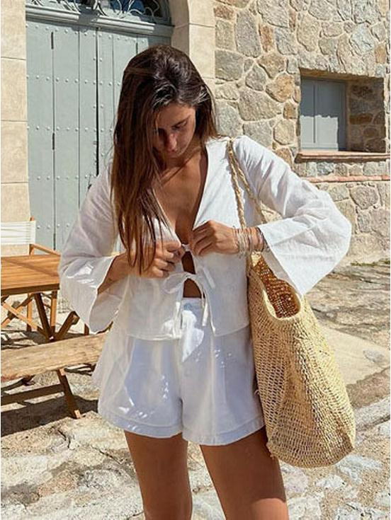 Spring/Summer Trendy Deep V Trumpet Sleeve Tie Top - European & American Women's Fashion