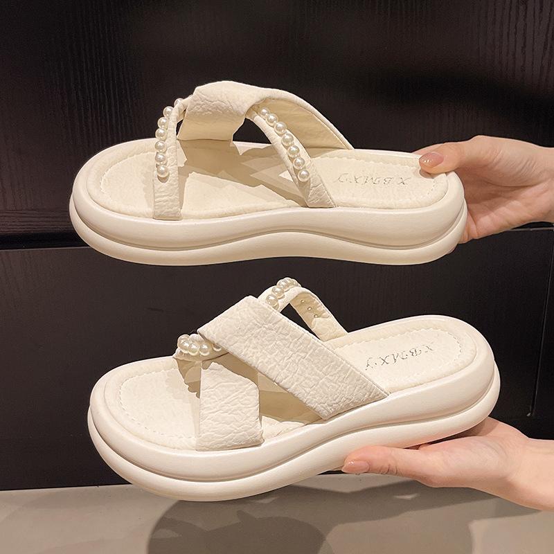 Fashion Cool Slippers 2025 Summer New with Skirt Fairy Wind Beaded Thick Bottom Cross Beach One Word Cool Slippers