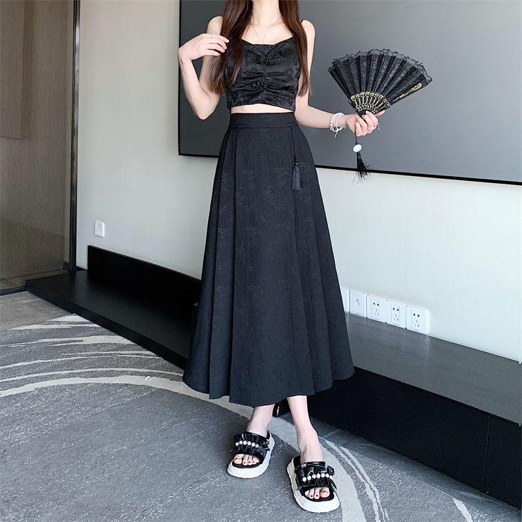 Elegant Jacquard Pleated Skirt for Petite Women - Elastic Waist, Slimming Design, Trendy Chinese Style