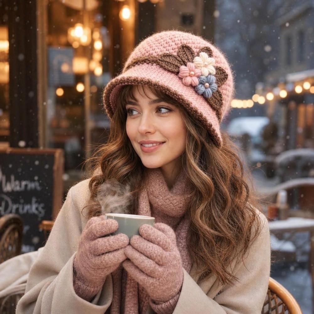 Plush Knitted Bucket Hat Warm Floral Crochet Hat Fashionable Yarn Cloche Hat Winter