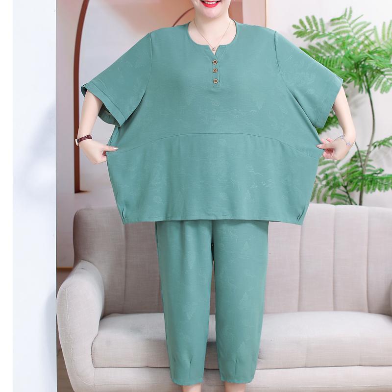 מידות פלוס 3XL-7XL חליפת קיץ לנשים אוברסייז קז'ואל אלגנטי אלגנטי עם שרוולים קצרים סטים של מכנסיים רפויים בגדי קיץ באיכות גבוהה