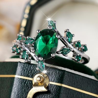 Anelli a foglia color argento per donna, eleganti anelli a forma di ramo d'albero con taglio ovale in zircone verde, gioielli da sposa alla moda