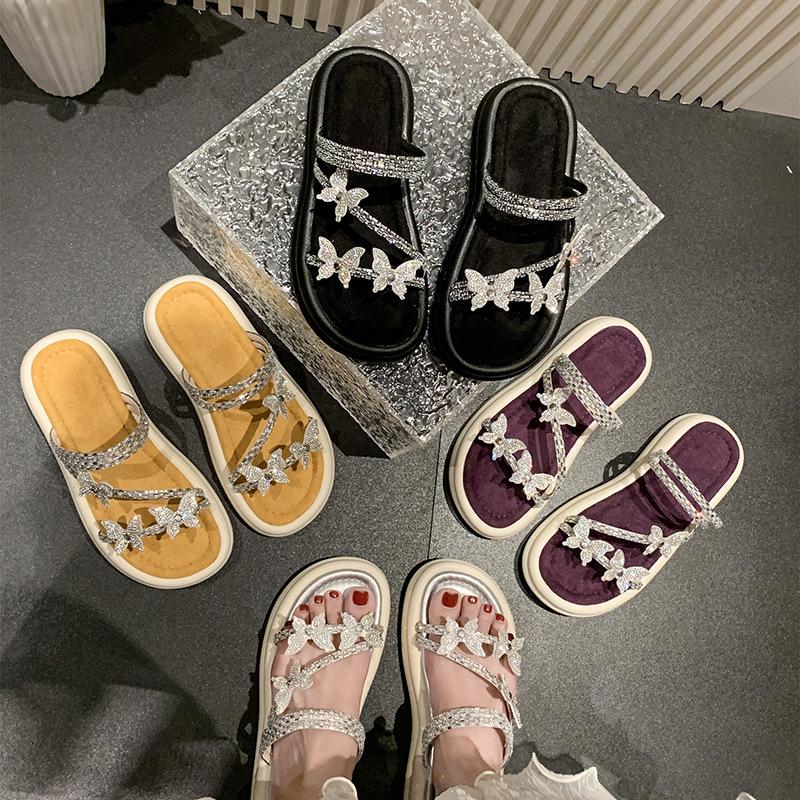 Bow Thick Bottom Cover Toe Cool Slippers Women's Outer Wear 2025 Summer New Fashion Muffin Rhinestone Slippers