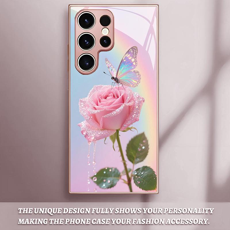 Sparkling pink rose butterfly glass phone case suitable for Samsung Galaxy S26 S25 S24 S23 S22 S21 S20 FE/Ultra/Plus anti drop
