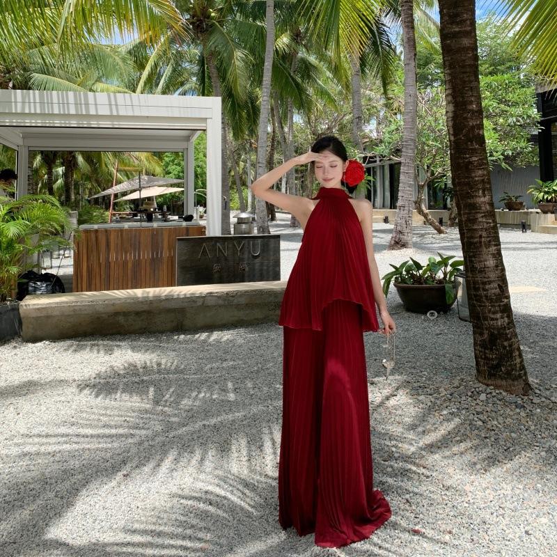 Beautiful Beach Dress, Gentle Pink Neck Top, Wide-leg Casual Pants, Two-piece Set for Women