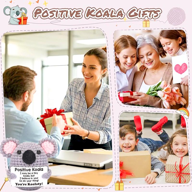 1 Stück Gehäkelter Koala Grau mit Inspirierender Botschaft Lustig & Niedlich Gestrickte Tiere Handgefertigt Positive Puppe Schreibtischornament