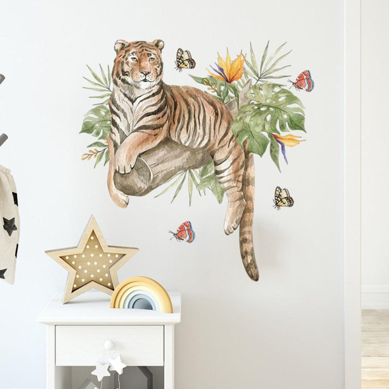 Wall Decals Wall Sticker Watercolor Cartoon Animals Tiger Tropical Green Plant Butterfly Wallpaper
