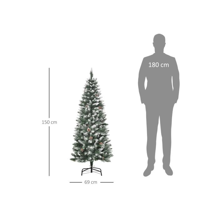 HOMCOM Künstlicher Weihnachtsbaum, 630 Zweige, 37 Tannenzapfen, beschneite Spitzen, schwer entflammbar, 150 cm