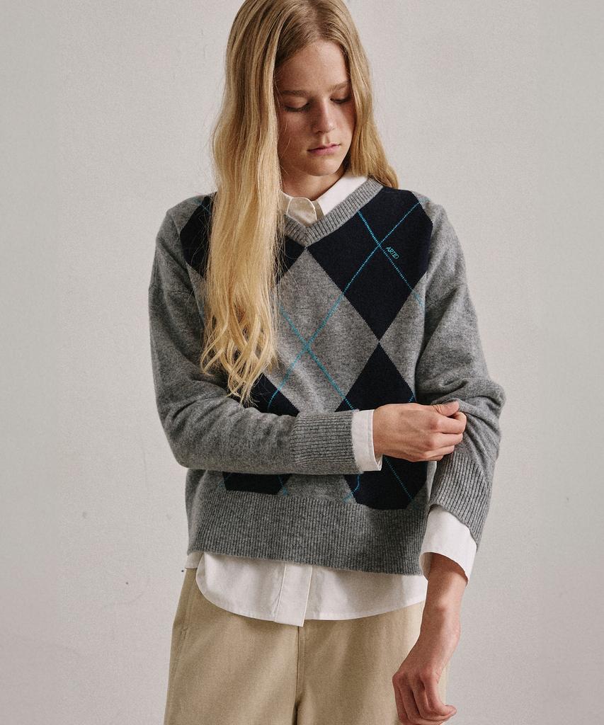 ARTID Merino Wool Argyle V-Neck Knit_Grey