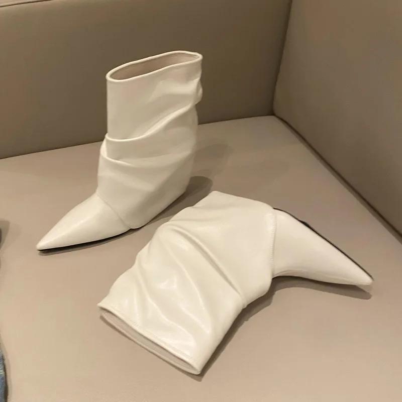 

Модные осенне-зимние плиссированные женские ботильоны с острым носком на танкетке для банкета, выпускного вечера, женская обувь, Botas Mujer 35 белый