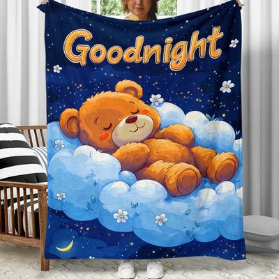 Goodnight Teddy Bear Cloud Stars Moon Flannel Blanket Cute Children Blanket Bedtime Comforter Nursery Room Decor Soft Blanket