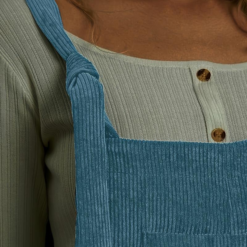 Solid Corduroy Overall Jumpsuit, Casual Patched Pockets Overall Jumpsuit For Spring & Fall, Women's Clothing