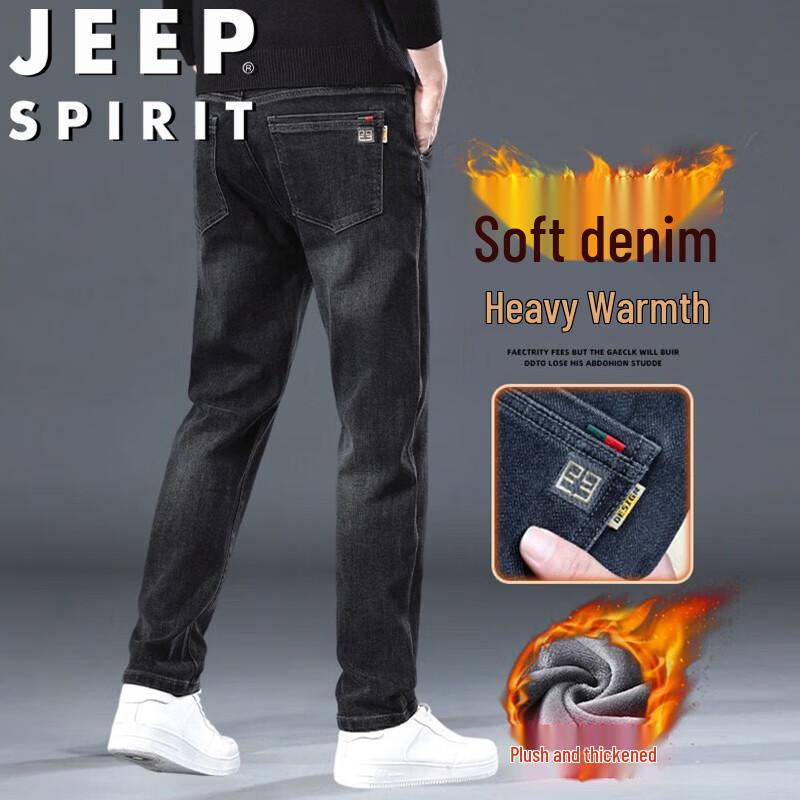 JEEP SPIRIT Men s Autumn/Winter Fleece-Lined Straight-Leg Denim Jeans 38