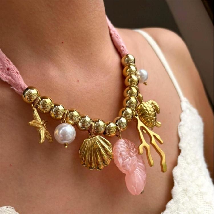 Ocean Themed Ceramic Shell And Starfish Pendant Necklace Adjustable Length Collarbone Chain Summer Gift