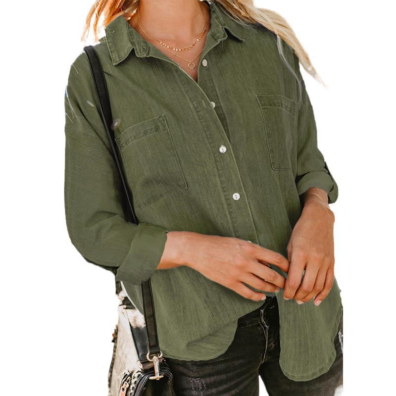 Spring Autumn Women's Denim Blouse Solid Lapel Long Sleeve Shirts Fashion Casual Office Lady Tops