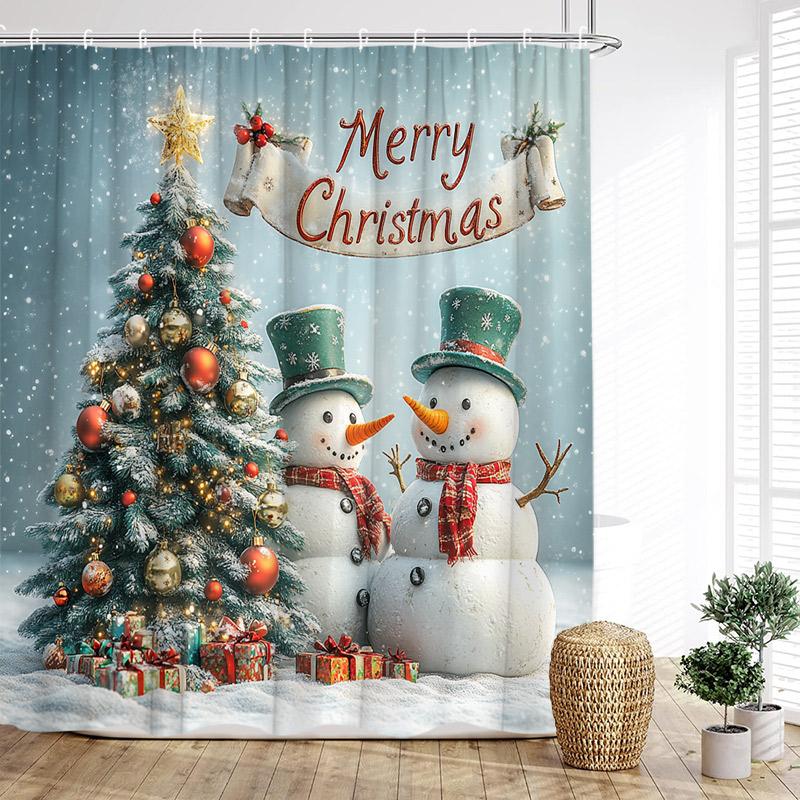 Julduschdraperier Söt Snögubbe Fåglar Ekorre Vinterskog Röda Bär Nyår Jul Badrumsgardindekor Med Krokar