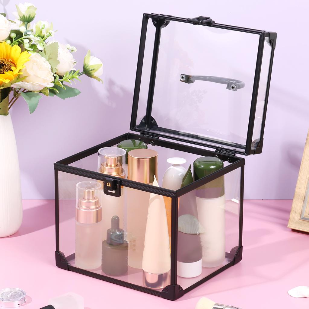 Clear Organizer Box with Lock and Key Portable Large Capacity Durable Multifunctional Cosmetics Toiletry Storage Box with Handle