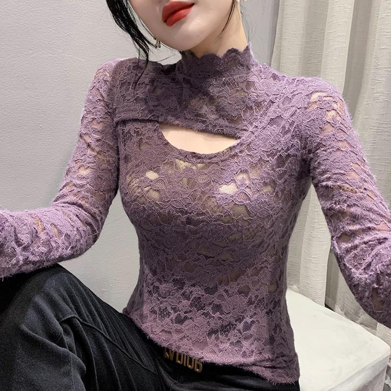 2023 Jaro Dámská Zeštíhlující Košile s Dlouhým Rukávem s Krajkovým Výřezem a Polovysokým Límcem