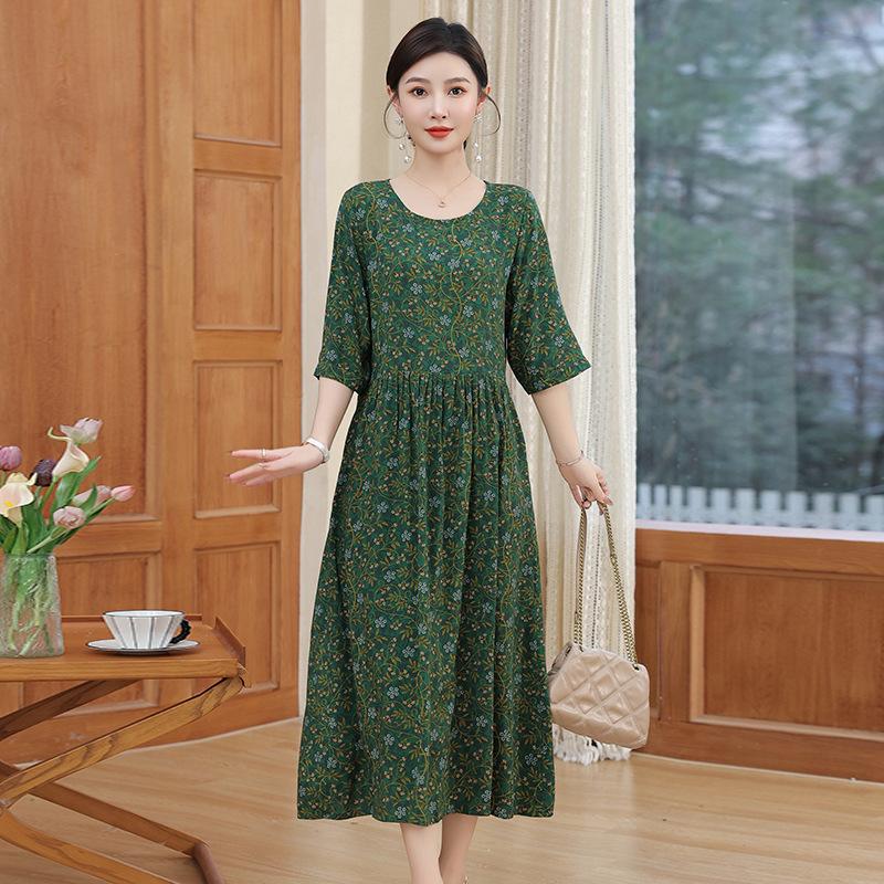 Women's Round Neck Five-Point Sleeve A-Line Floral Print Midi Dress Loose Casual Vintage Style Summer Daily Mom Long Dress