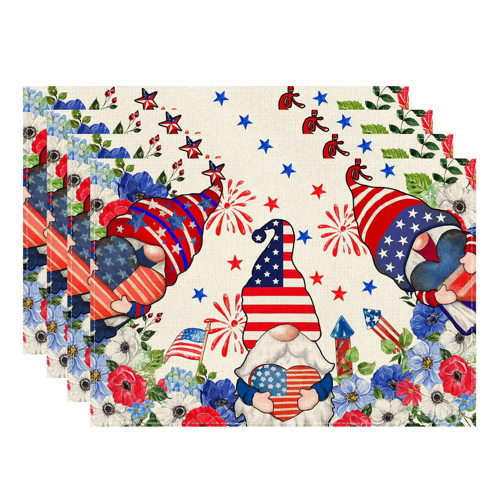 

Gnomes Love Hearts Flowers America Stars 4th of July Placemats Set of 4 Table Mats Patriotic Memorial Day Placemats Set of 4 （12x18 Inch）