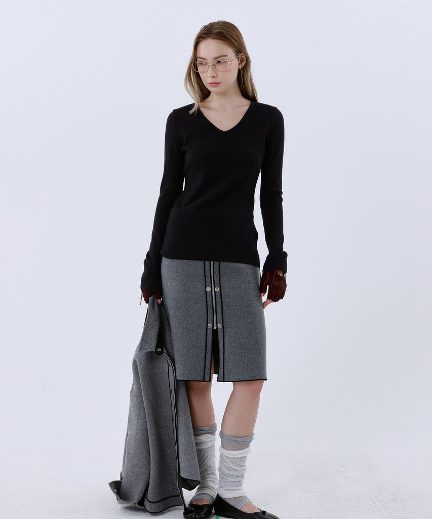 Reventina Wool Blended Midi Skirt_Melange Grey