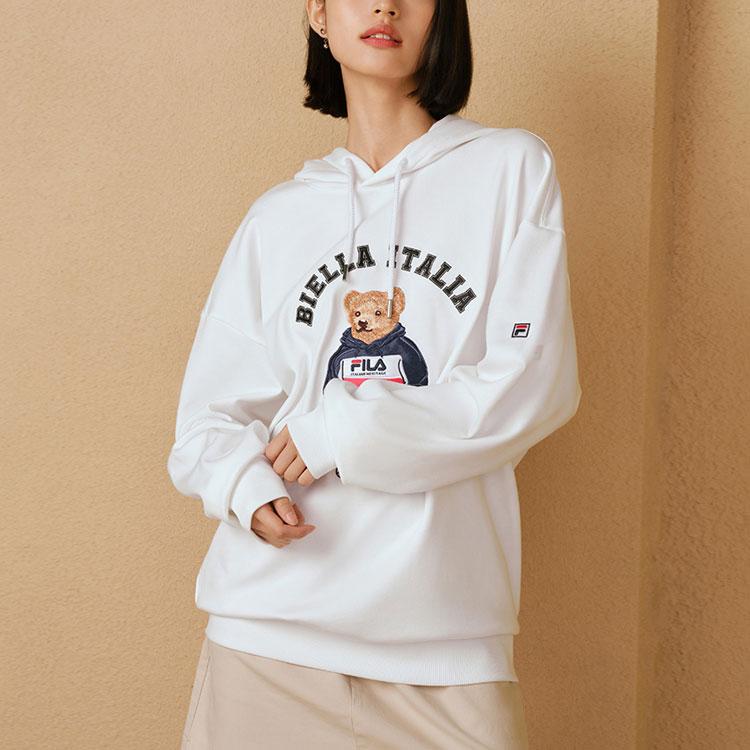 Fila American Style Cartoon Bear Pocket Letter Print Casual Hoodie Men Hoodies Standard-White F51M239299F-WT