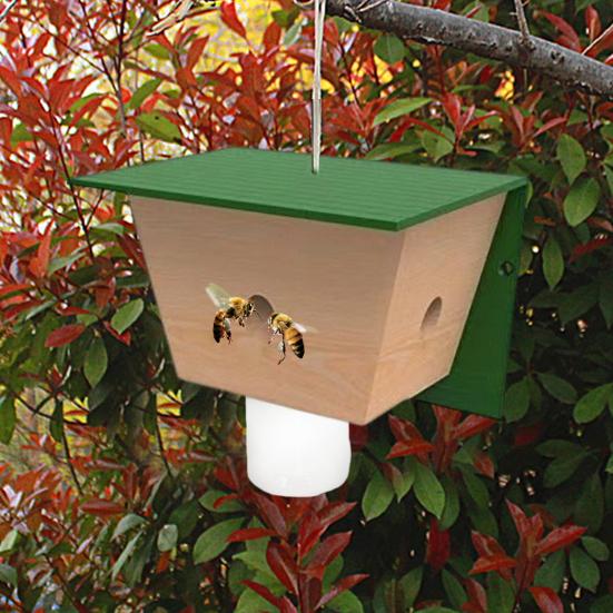 

Wood House Carpenter Bee Trap with Clear Bottle Outside Natural Wood Boring B