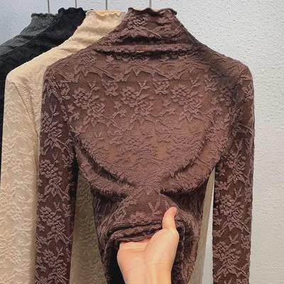 Dames Plus Size Velvet Kant Onderhemd - Warm Halfhoge Kraag Mesh Top voor Herfst/Winter 2024