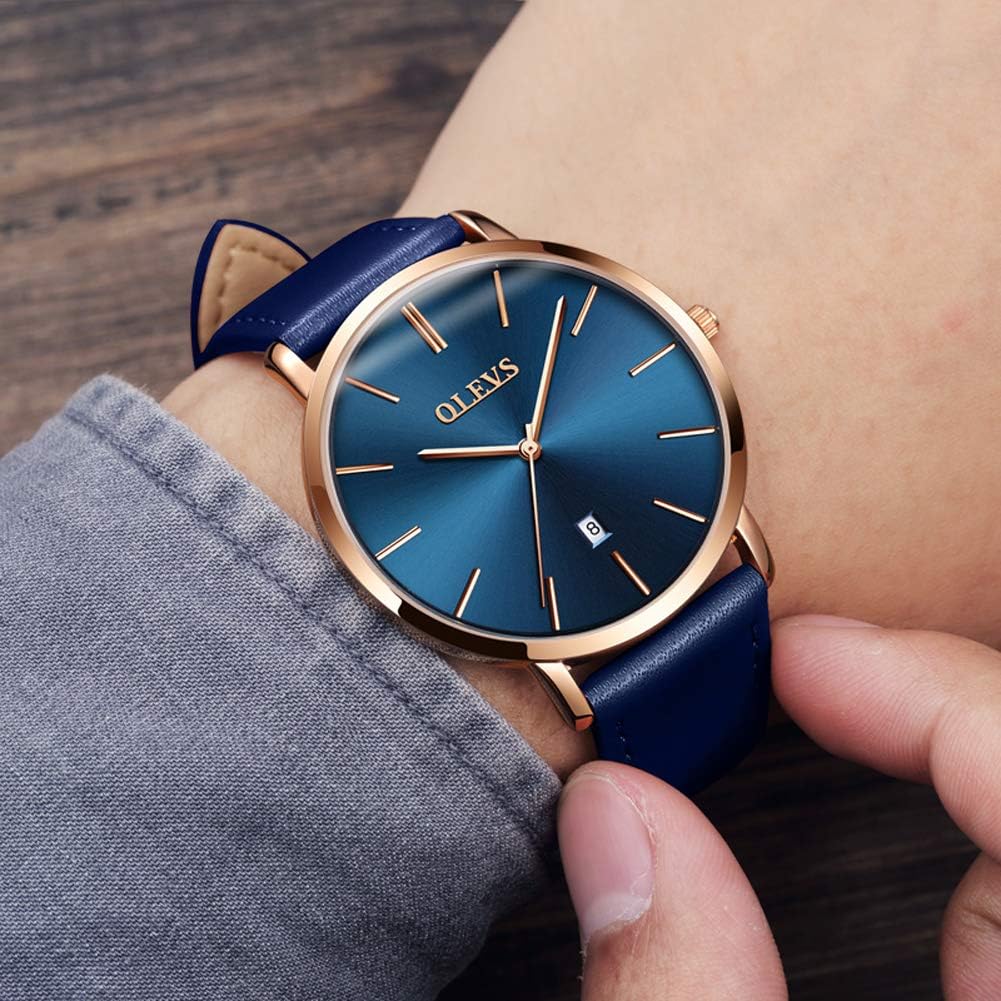 Men's Watch, Simple, Ultra-Thin, Fashionable, Casual, Analog, Quartz Movement, Date Display, Waterproof, Slim, Blue Dial, Genuine Leather Band