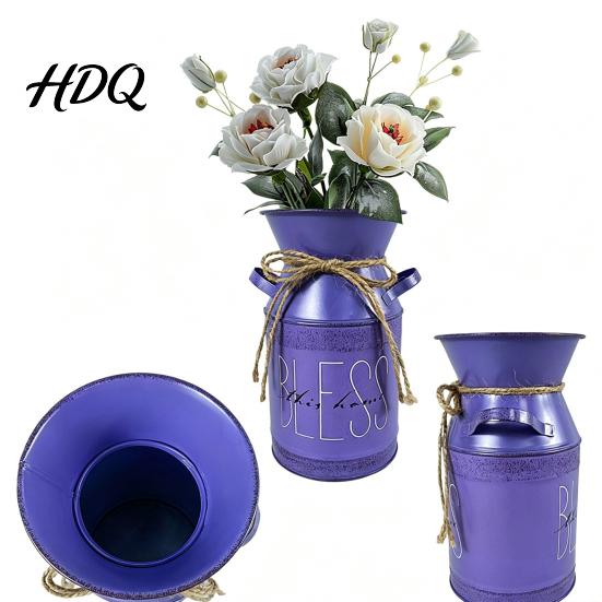 Country Style Interior Ornament Vintage Metal Milk Can Vase Farmhouse Iron Flower Bucket with Handles & Jute Modern Home Living Room Accent