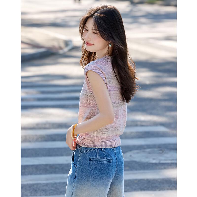 Women's Summer Dopamine Round Neck Breathable Cap Sleeve Knit Top