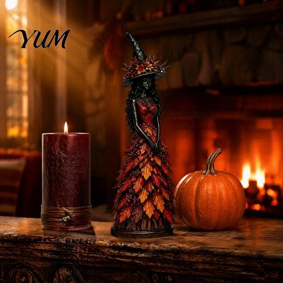 Seasonal Farmhouse Tabletop Accents Autumn Witch Figurine, Halloween Desktop Decoration, Resin Statue with Figurine for Holiday Gift Leaf Gown Mantel