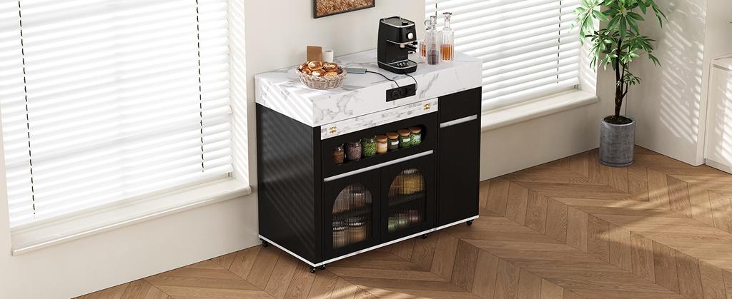 Kitchen island with wheels, extendable dining table with power strips and fluted glass, sideboard with one drawer (black)