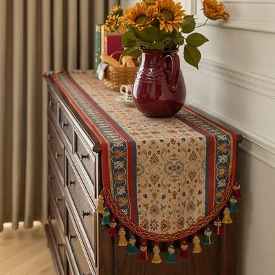 American Style Retro High-end Luxury Table Runner Dining Table Tea Room Cabinet Cover Floral Tassel Table Runner Tablecloth