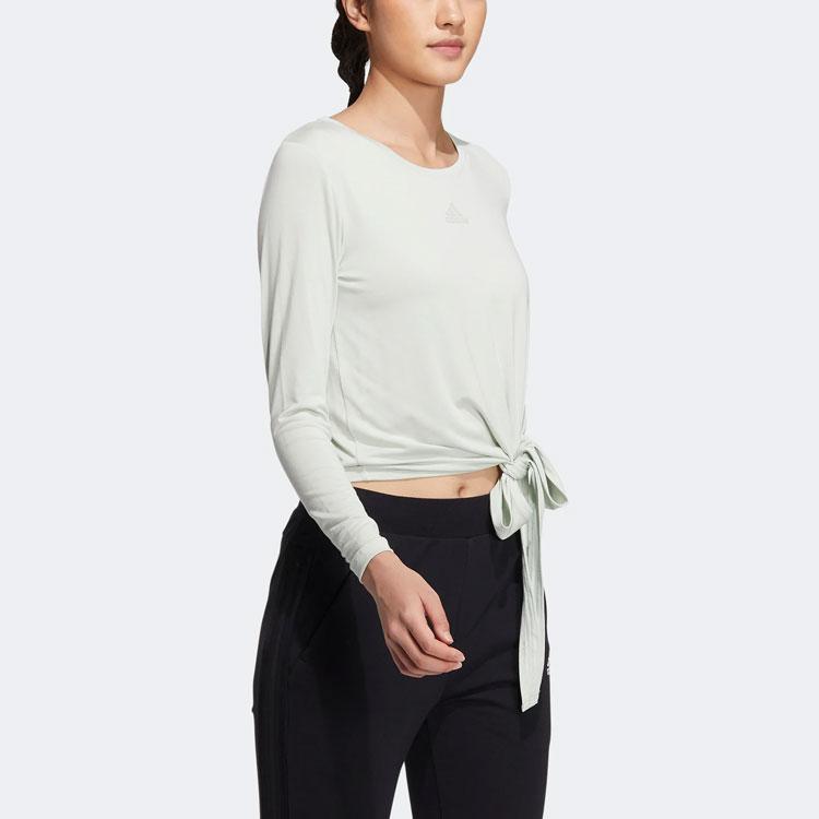 Adidas Solid Short Casual Sport Long Sleeve T-Shirt Women Tops Linen-Green HR8396