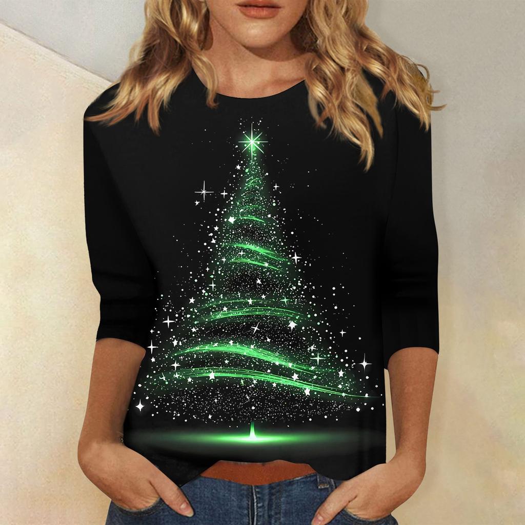 Women's Fashionable Casual Three Quarter Sleeve Christmas Printed Collar Pullover Top