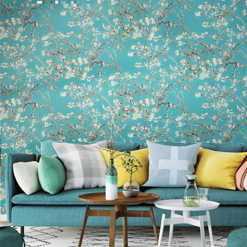 Background Wallpaper for Bedroom, Van Gogh, Pastoral, apricot, Flower, Blue, Oil Painting, Living Room, Home