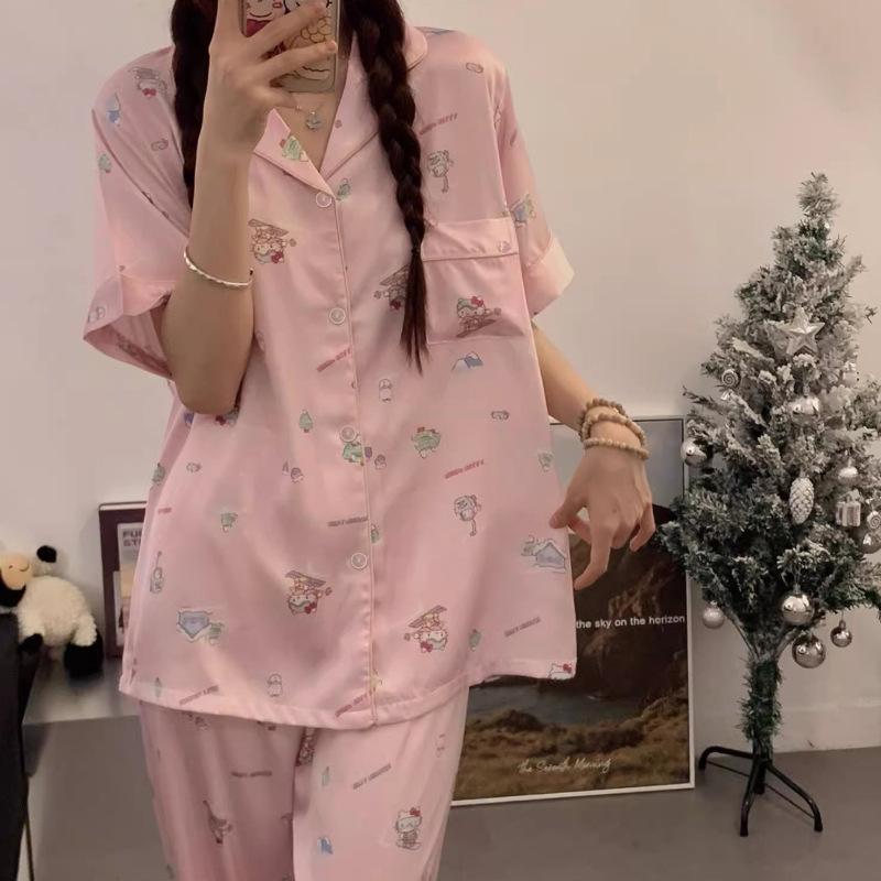 Silk Premium Pajamas Women'S Summer Short-Sleeved Trousers Ice Silk Cartoon Pink And Sweet Girl Suit Loungewear