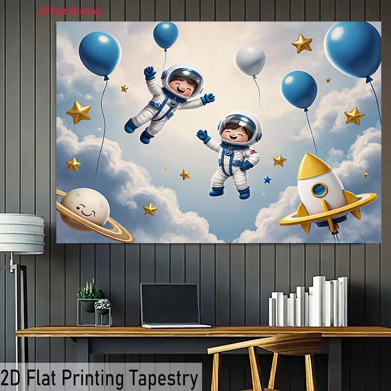 2D Cute Astronaut Boys with Balloons Photo Booth Backdrop Cloth for Birthday