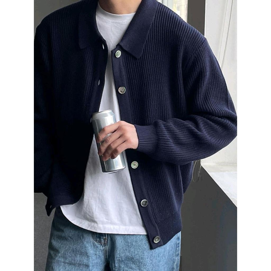 Men's Trendy Dark Green Knit Lapel Cardigan Sweater - Korean Style Autumn Casual Wear