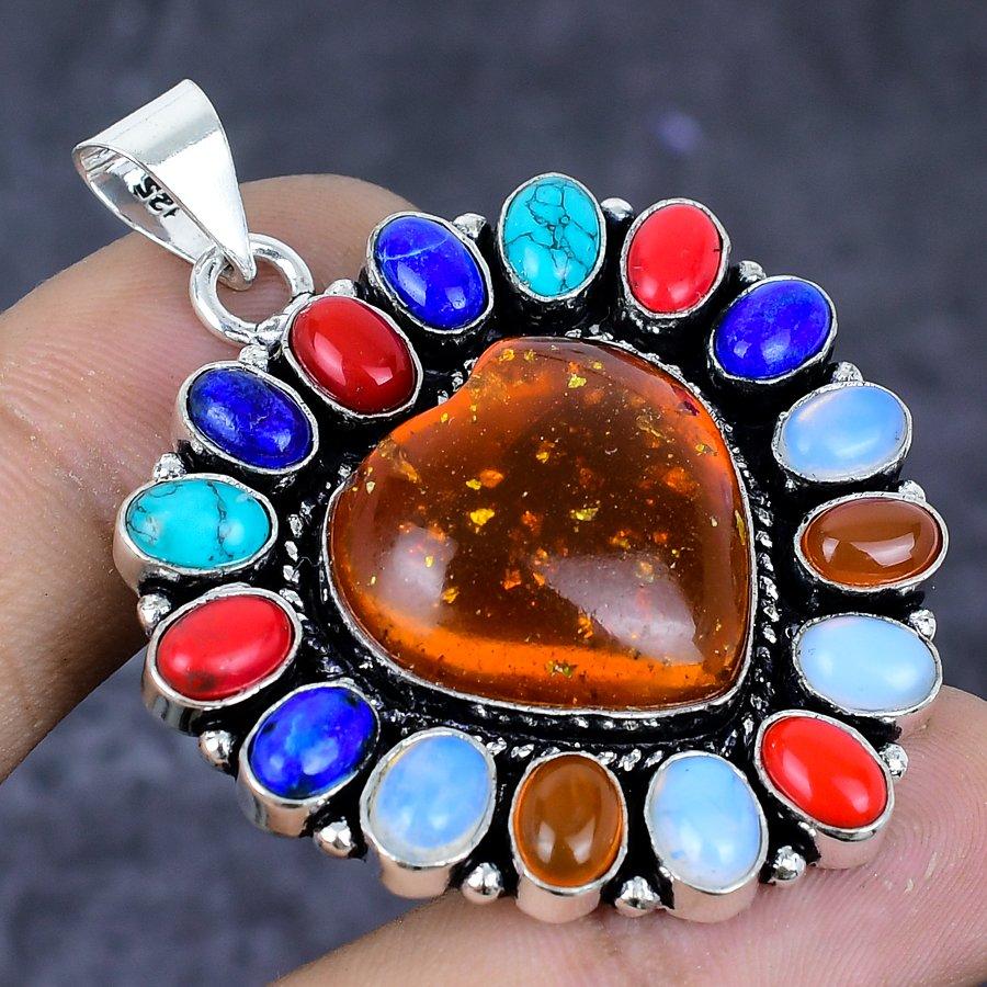 Natural Baltic Amber, Carnelian 925 Sterling Silver Jewelry Pendant 2.05" ETC-13809