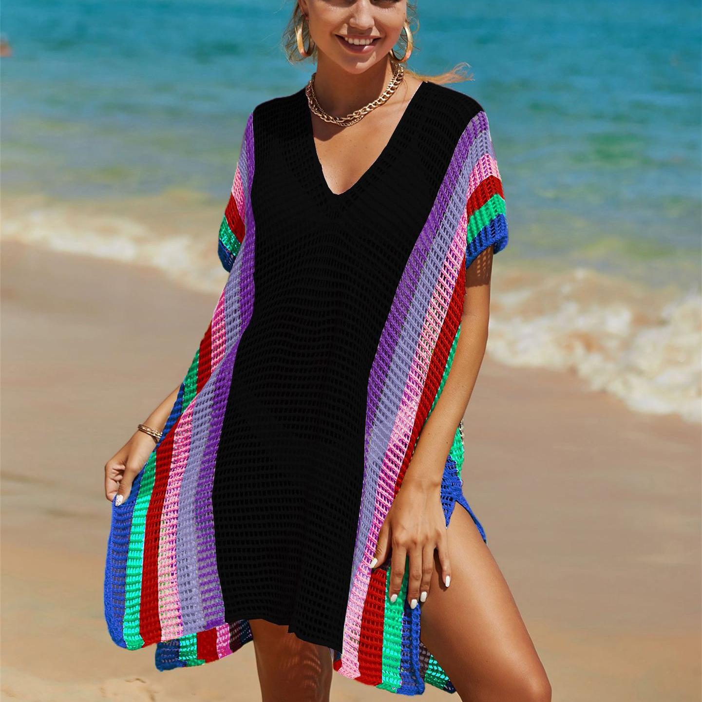 

Летняя женская пляжная накидка больших размеров, вязаное радужное праздничное бикини, верхняя накидка, рубашка от солнца One Size чёрный