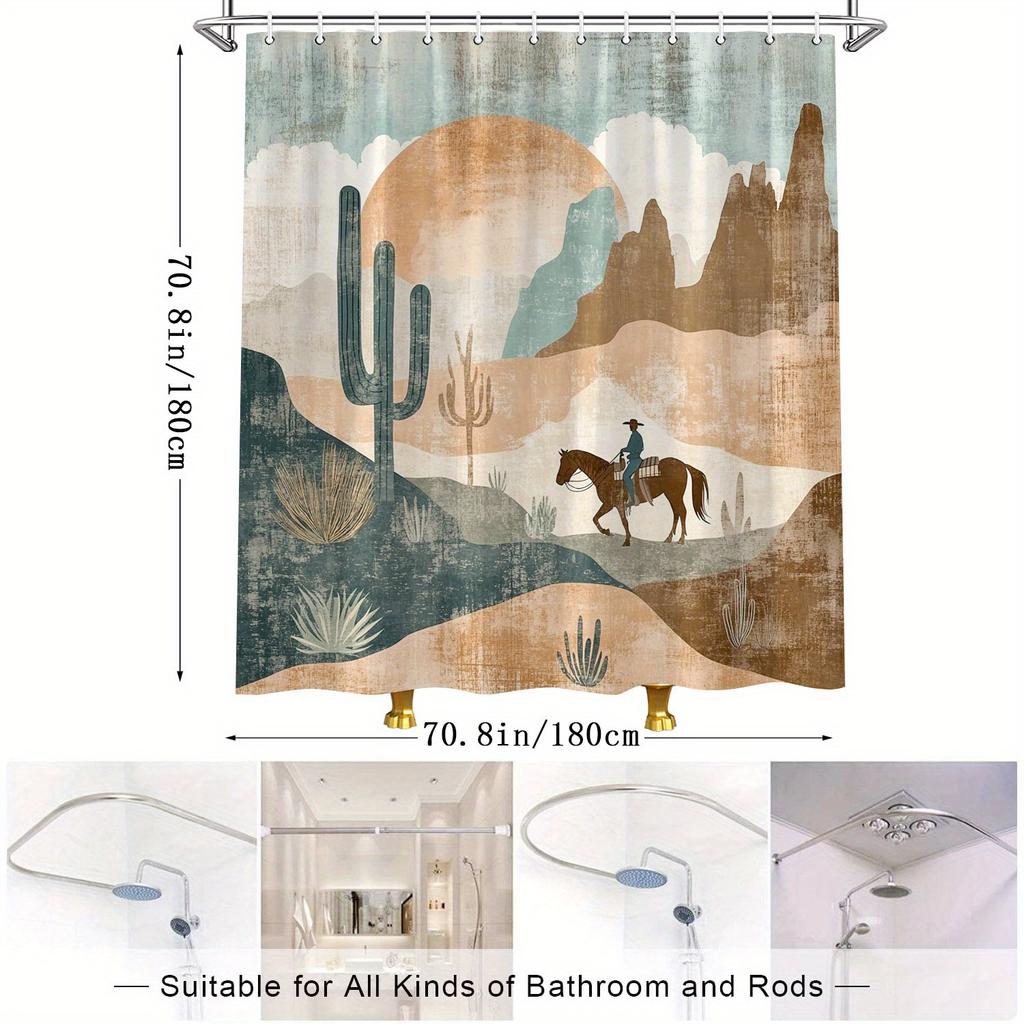 Vintage Cowboy Shower Curtain - Horseback Scene, Water-Resistant Polyester, 12 Hooks, Muted Earthy Tones, Landscape Theme