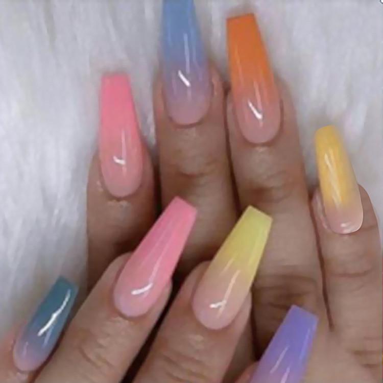 

Rainbow Gloss Long Coffin Trapezoid False Nails - 20-Piece Set
