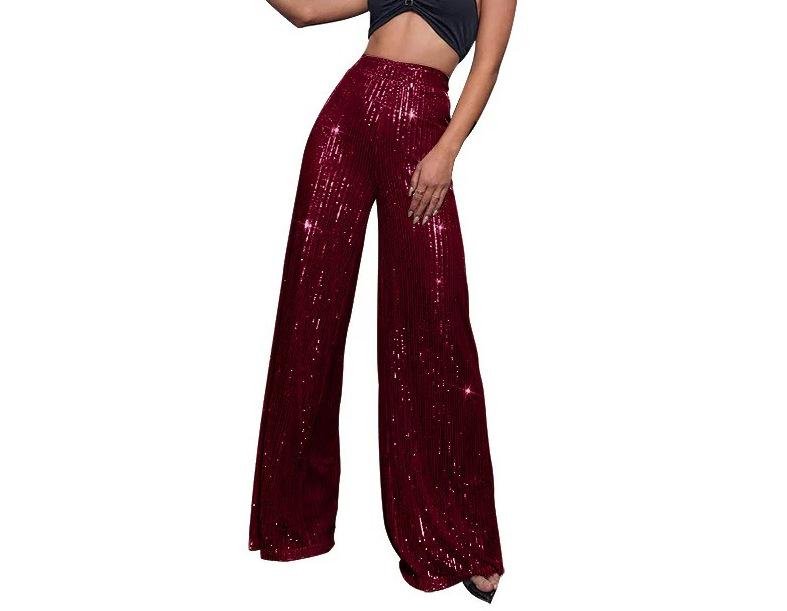 Pantaloni da Donna a Gamba Larga Lunghi Fino ai Piedi con Perle e Paillettes alla Moda 2025