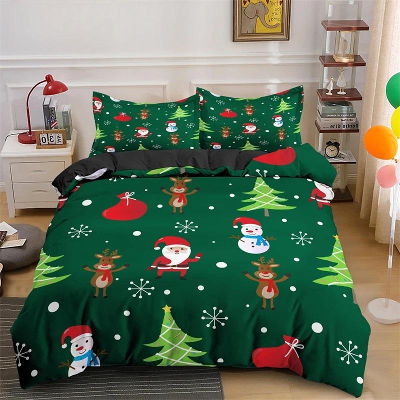 3D Frohe Weihnachten King Queen Bettwäscheset Kinder Cartoon Weihnachtsmann Schneemann Rentier Bettdeckenbezug XMAS Bettbezug Polyester Steppdecke