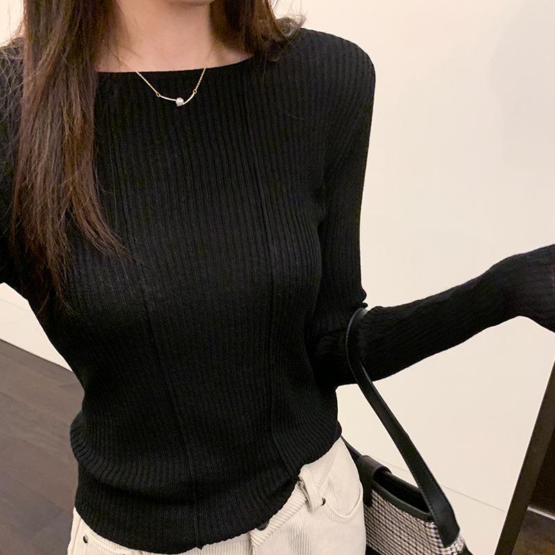 Весна 2025 Женский однотонный шерстяной свитер с круглым вырезом - облегающий крой длинный рукав прямые плечи Medium чёрный 1980₽